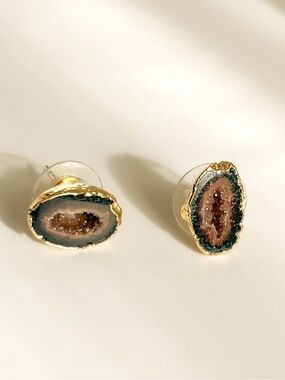 Geode Druzy Stud Earrings Gold Trim